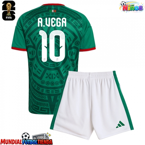 Camiseta México Alexis Vega #10 Primera Equipación Replica Mundial 2026 para niños mangas cortas (+ Pantalones cortos)